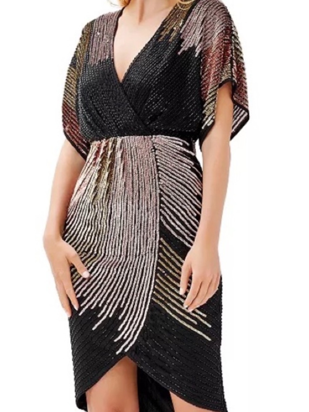 Aidan Mattox Beaded Dolman Sleeve Faux Wrap Party Dress Black Bronze Size 4 NWT